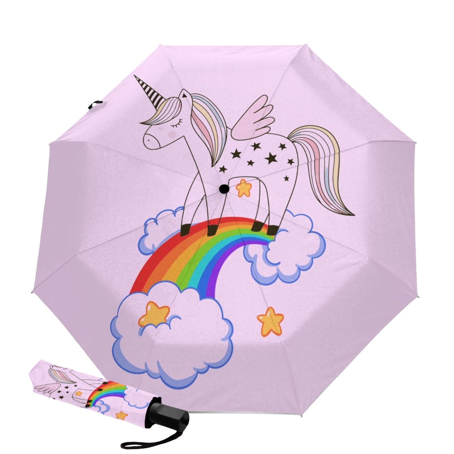 Kompakter Regenschirm mit manueller Öffnung und Regenbogen-Einhorn