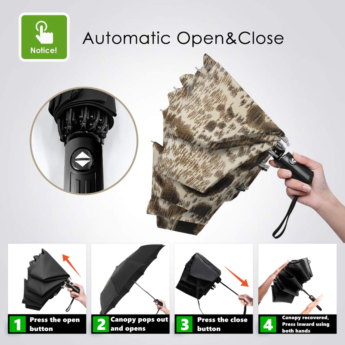 Kleiner Reiseschirm mit silbernem Leopardenmuster auf der Innenseite