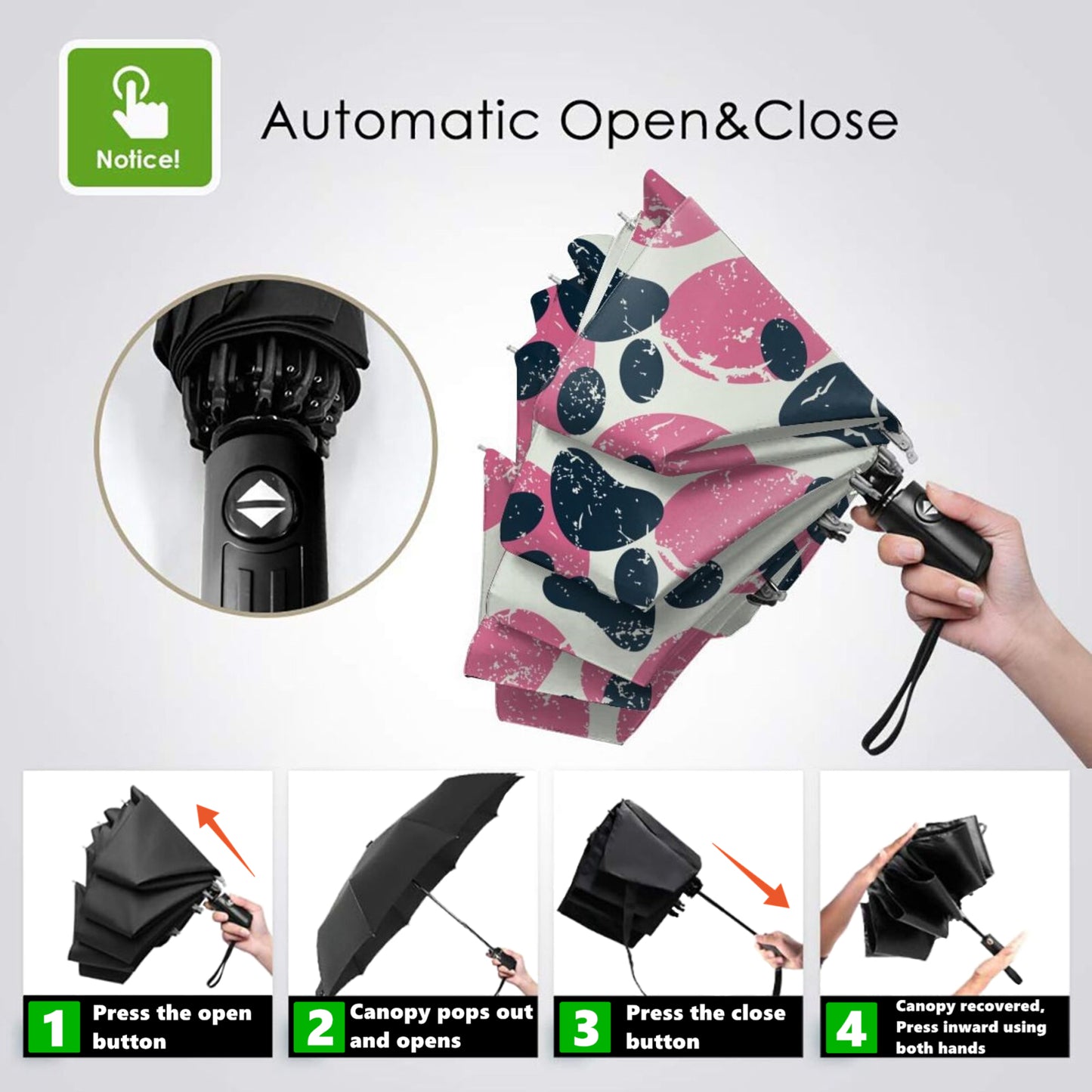 Petit parapluie compact avec motif patte à l'intérieur