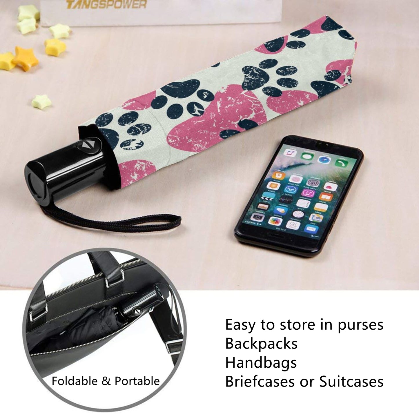 Petit parapluie compact avec motif patte à l'intérieur
