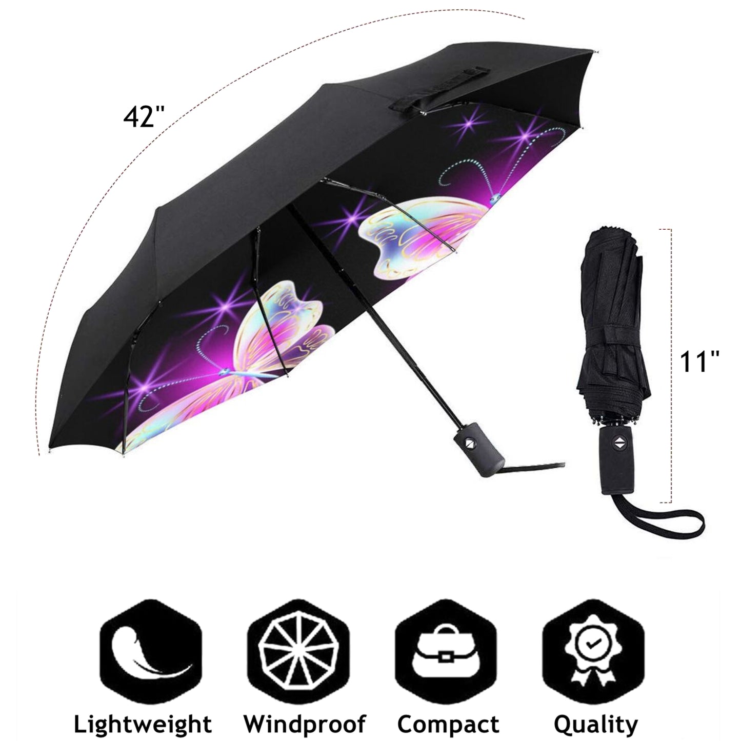 Kleiner faltbarer Regenschirm mit traumhaftem Schmetterlingsdruck im Inneren