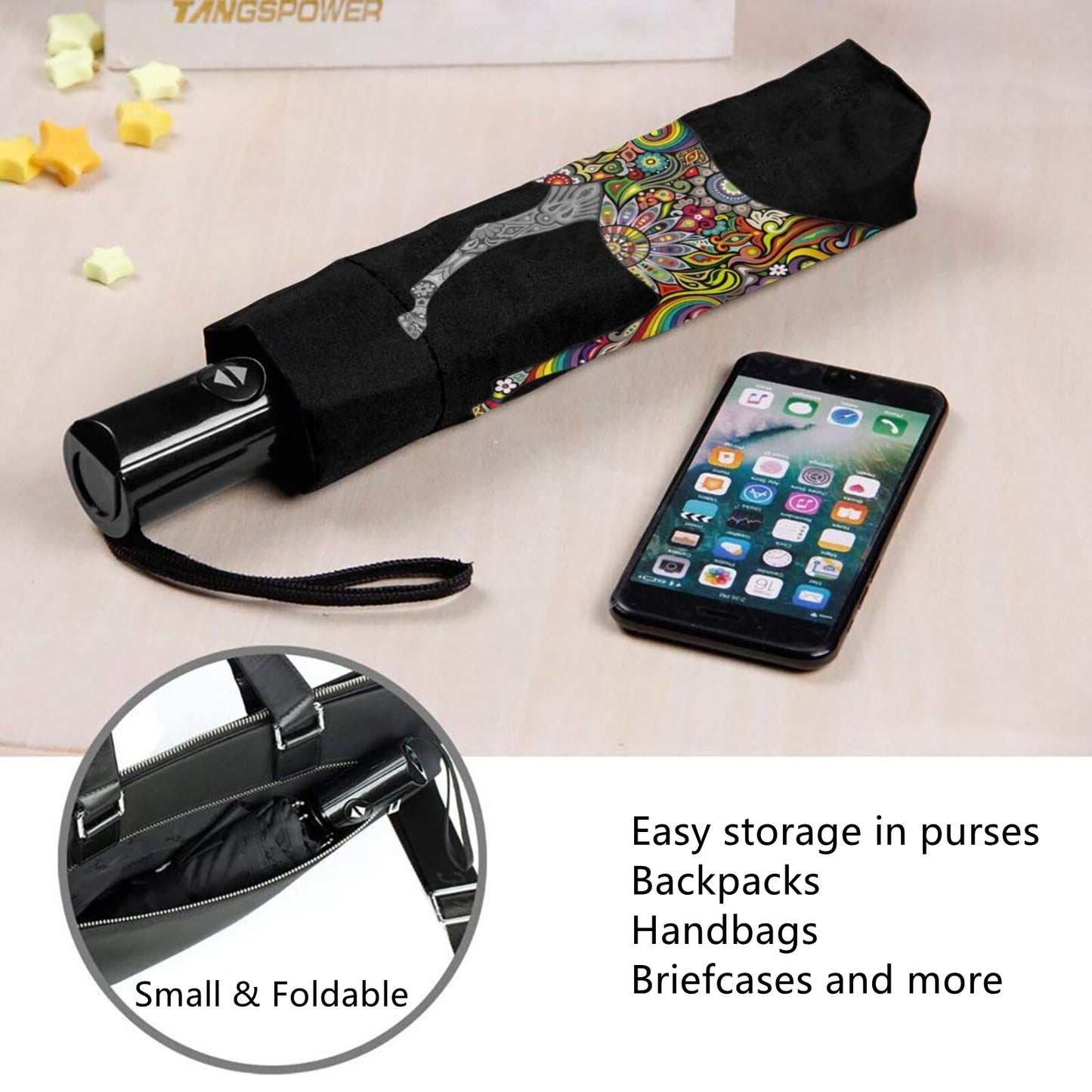 Automatic UPF 50+ Compact Umbrella With Unicorn Print Inside