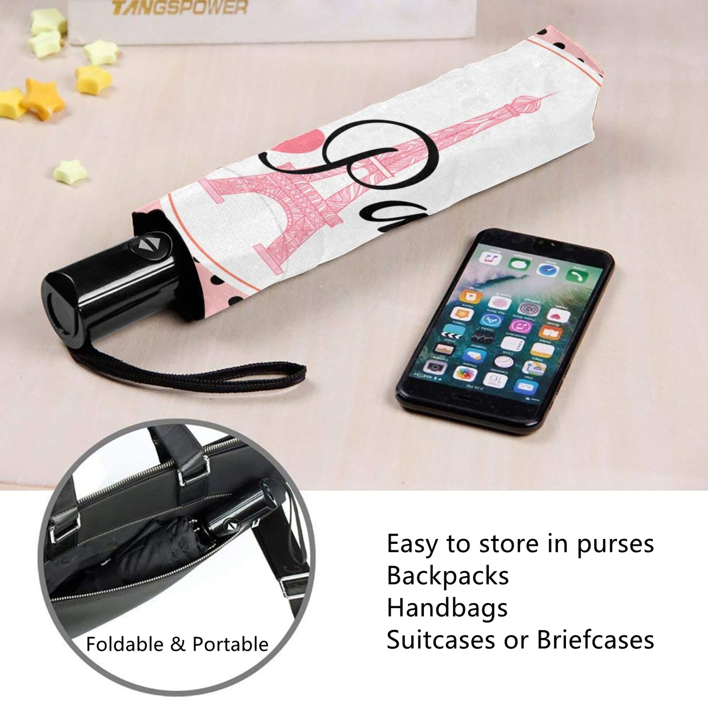 Faltbarer Reiseschirm mit „I Love Paris“-Motiv auf der Innenseite