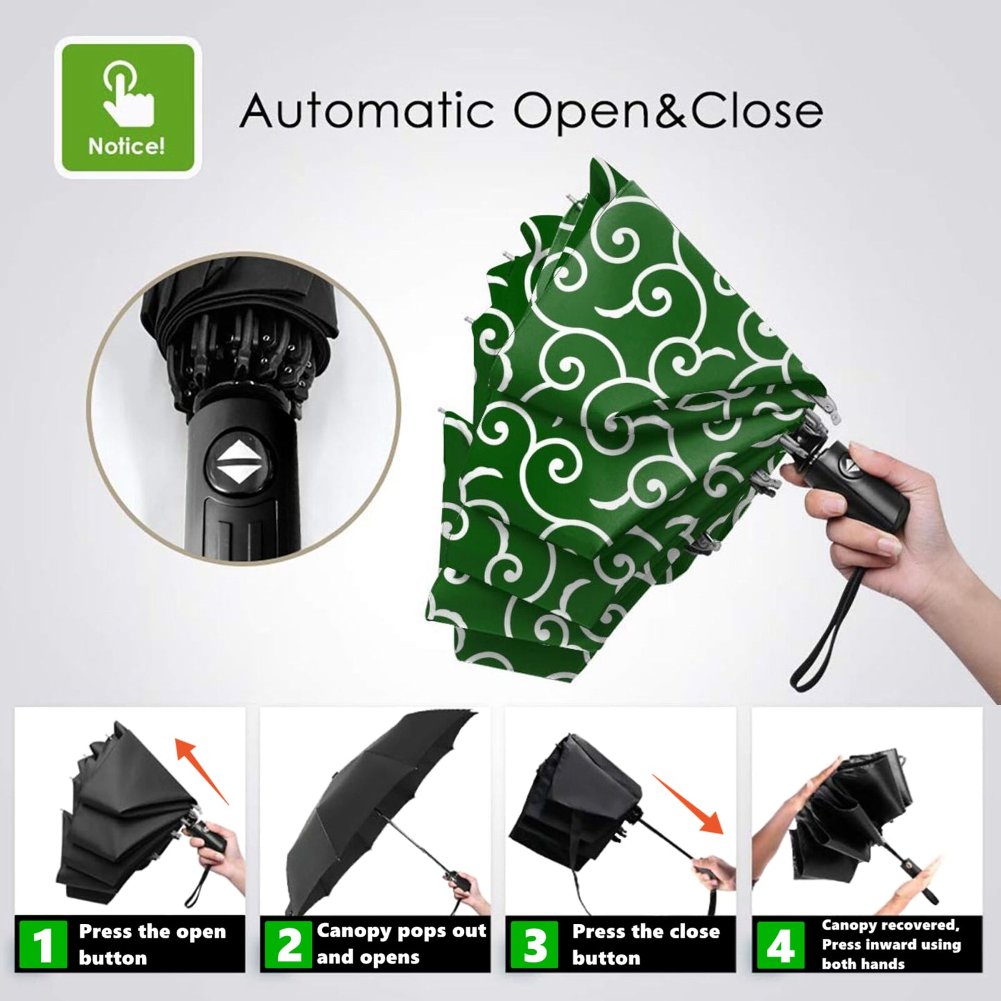 Parapluie pliable vert à motif Karakusa