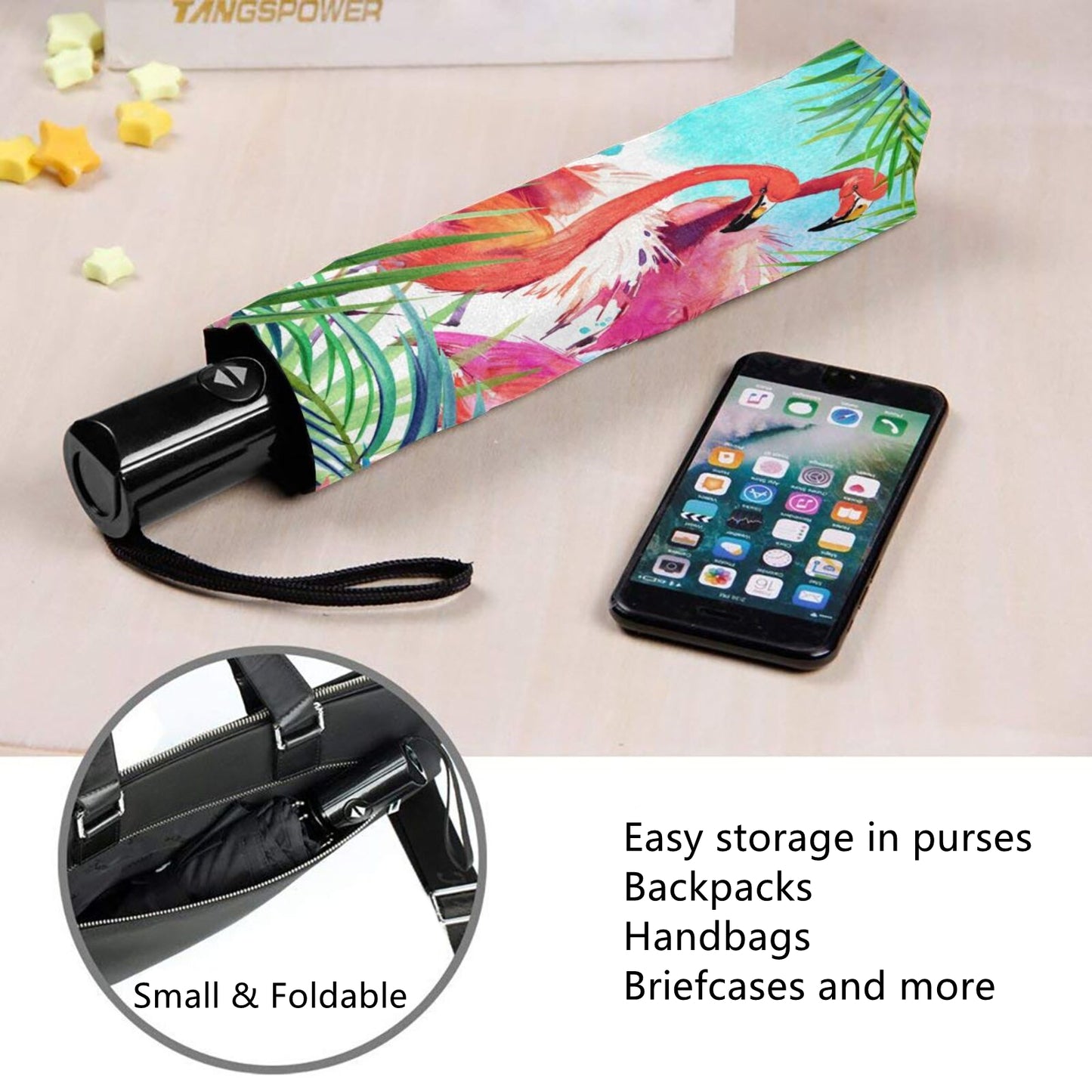 Petit parapluie pliable avec motif flamant rose à l'intérieur