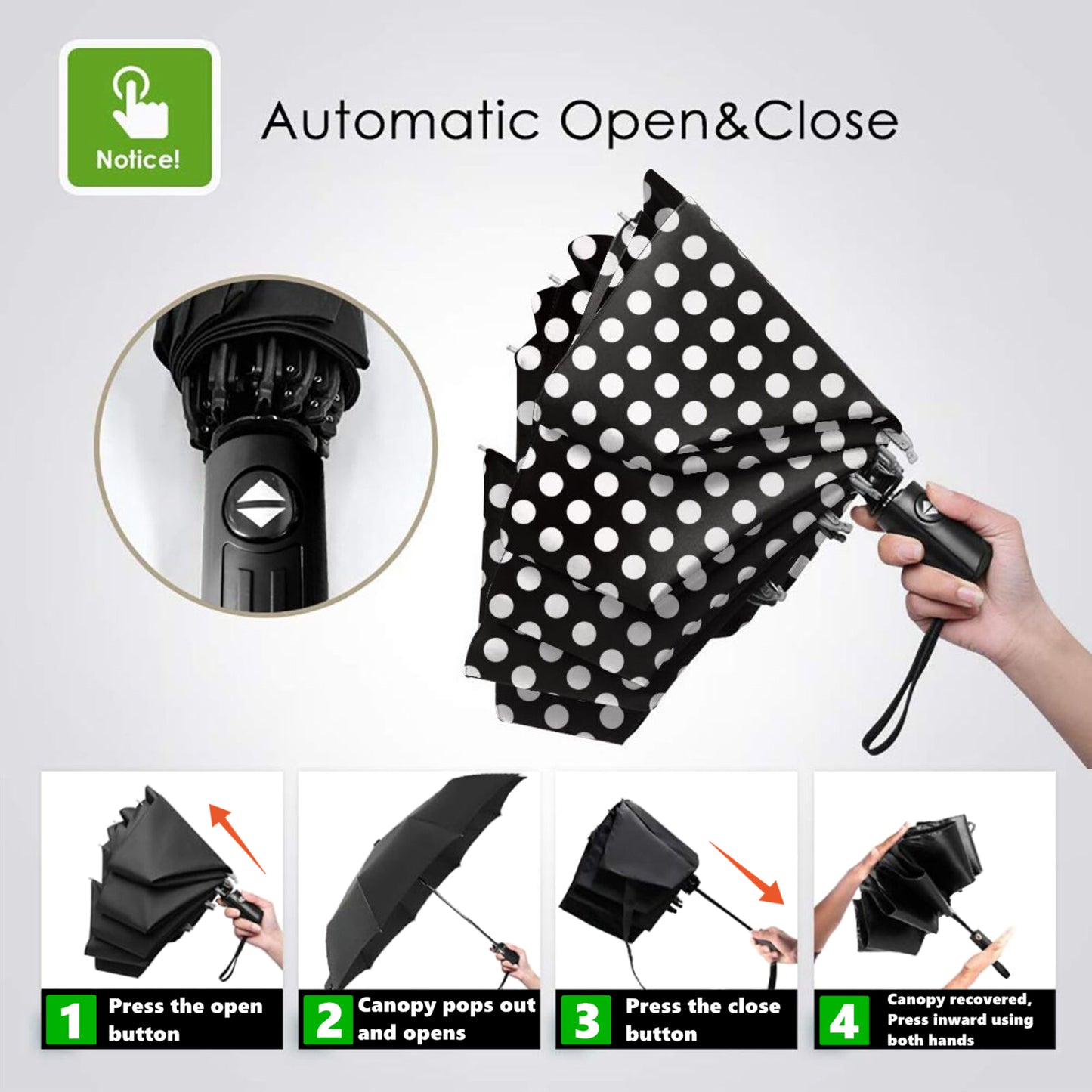 Parapluie pliable à pois noirs et blancs