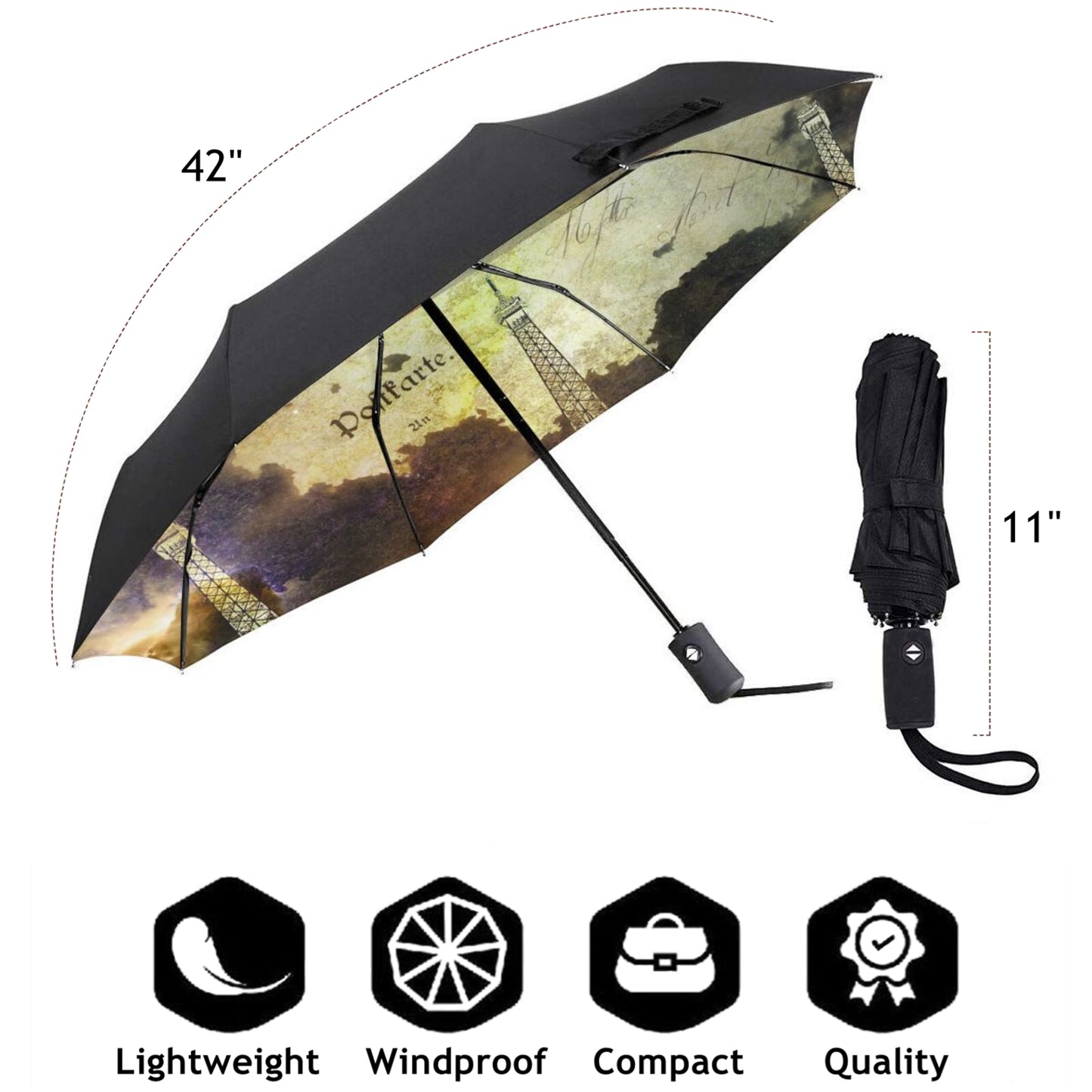 Parapluie de voyage pliable avec motif Tour Eiffel à l'intérieur