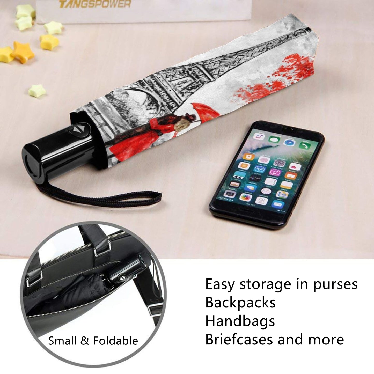 UPF 50+ UV Blocking Small Foldable Umbrella With Eiffel Tower Print Inside