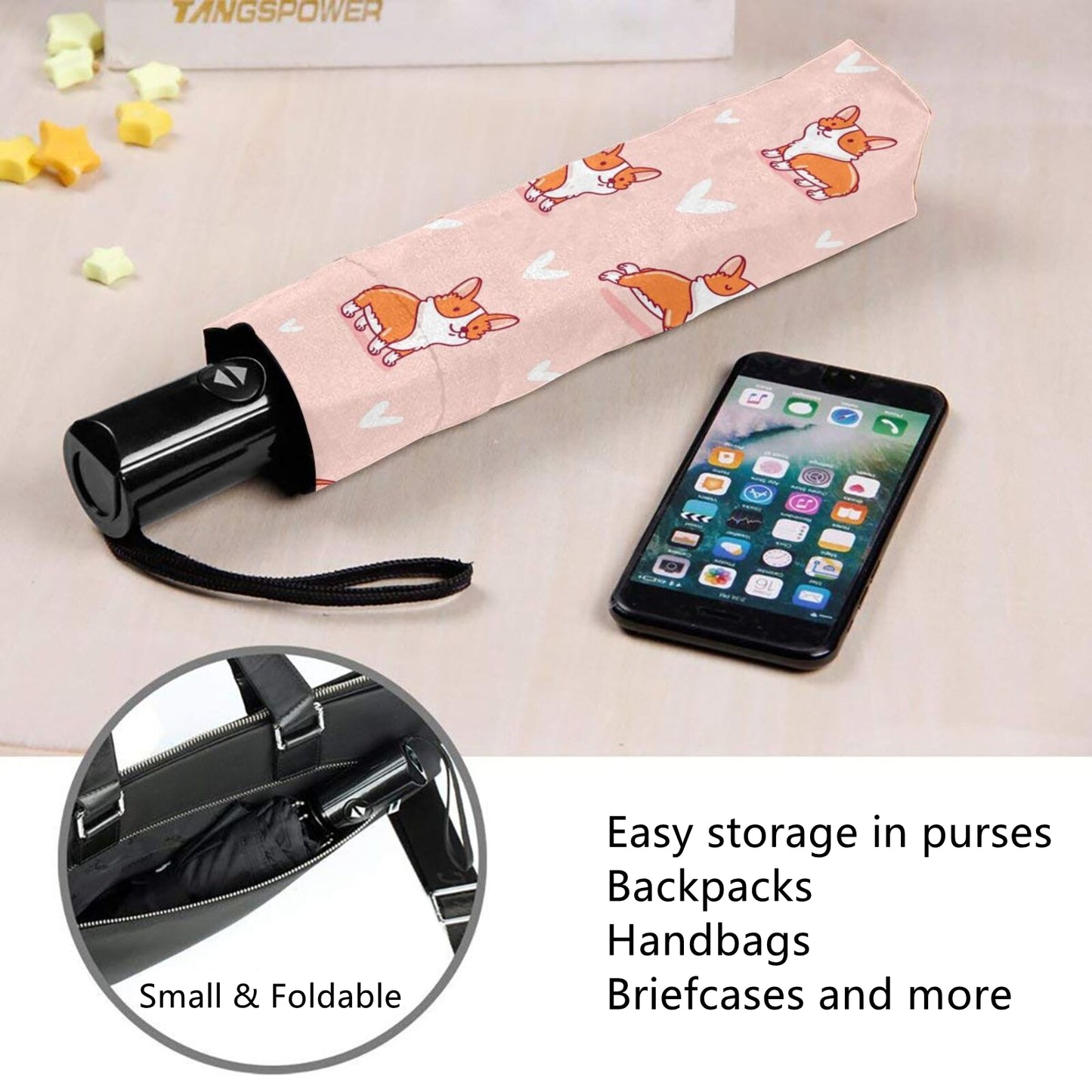 Kleiner Corgi-Aufdruck im Inneren des kleinen Taschenschirms