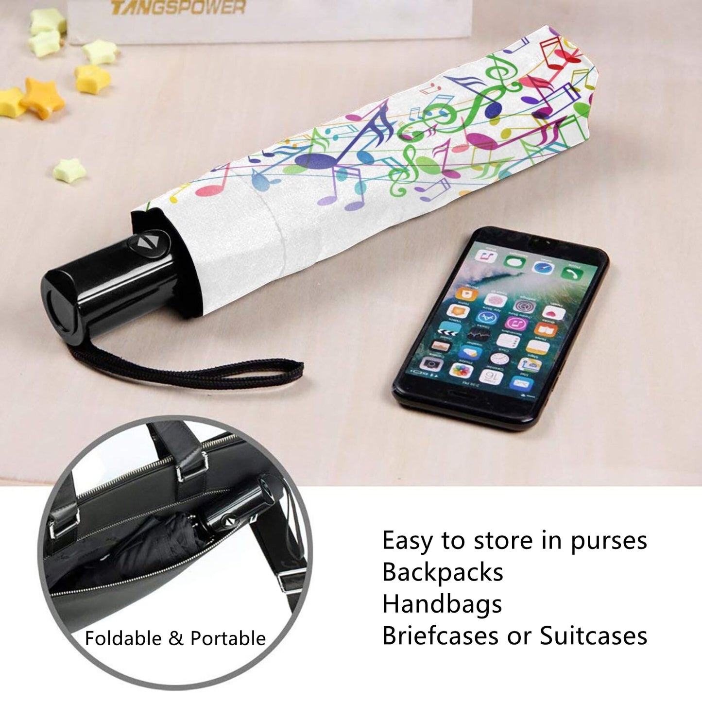 Petit parapluie pliable avec motif de note de musique à l'intérieur