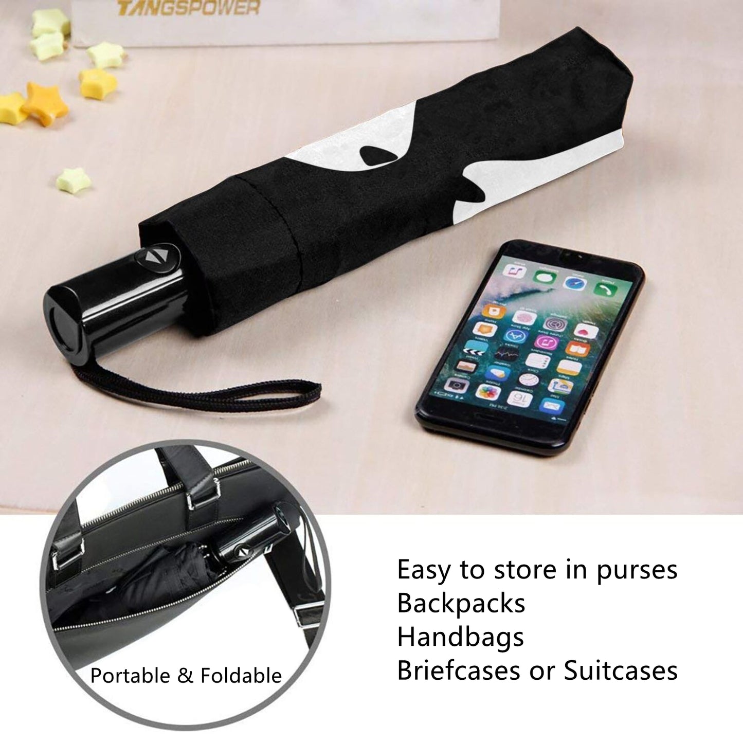 Parapluie compact avec imprimé couple de pandas à l'intérieur