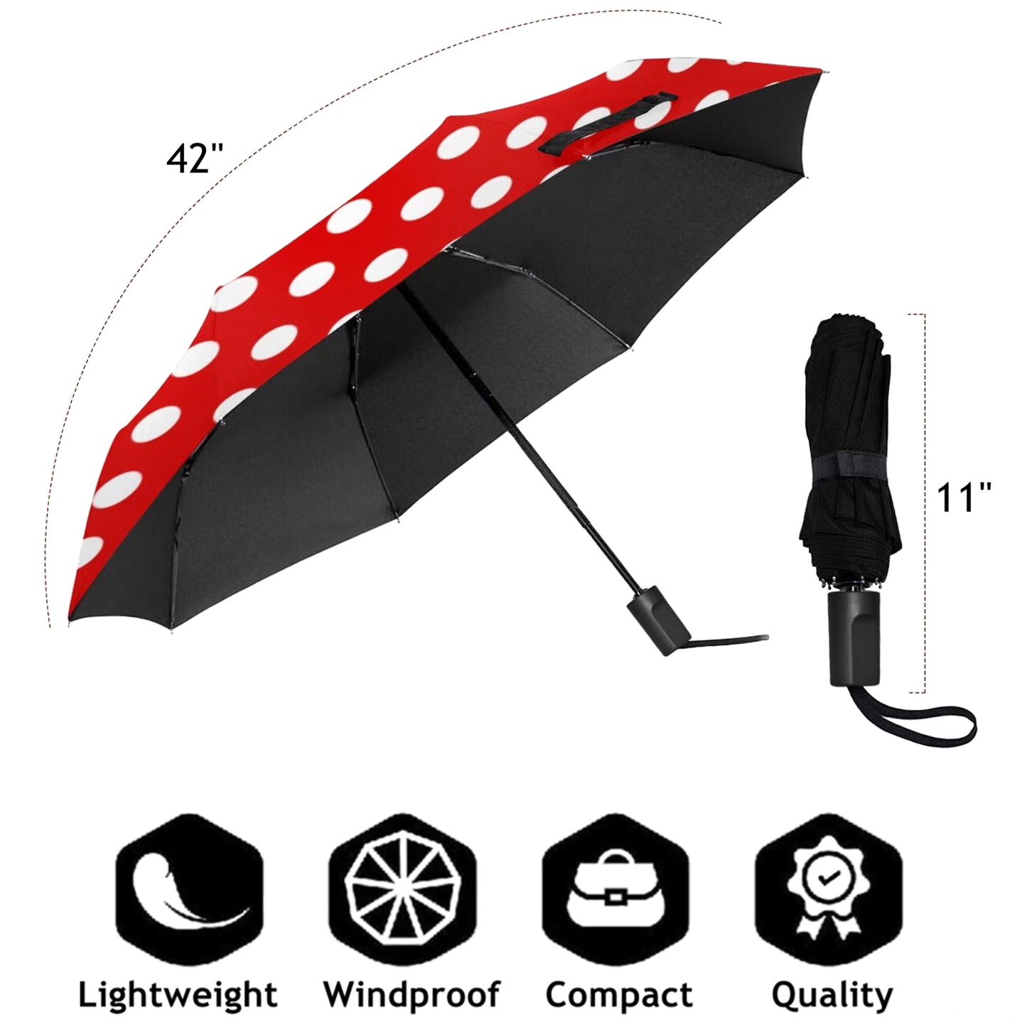 Manueller Taschenschirm mit roten und weißen Punkten