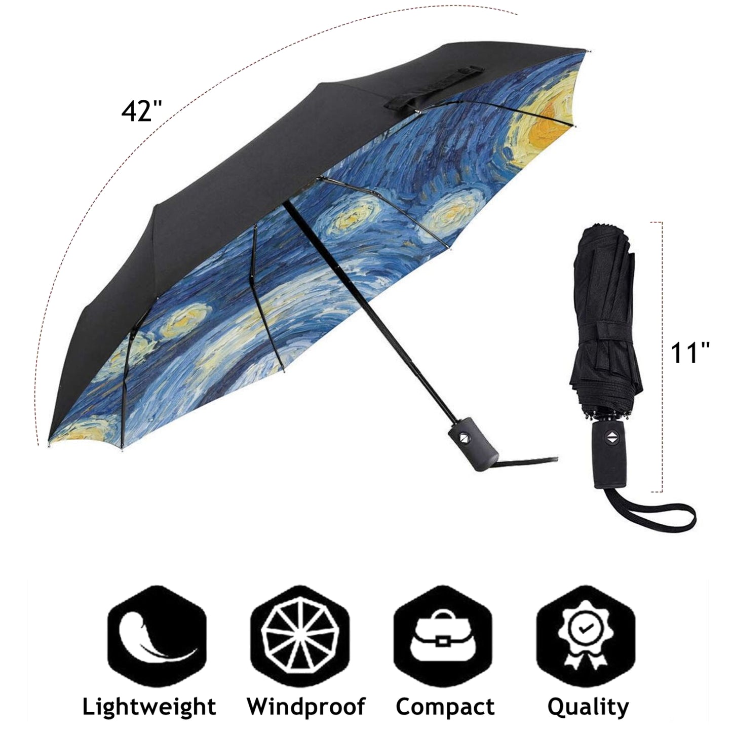 Kompakter Regenschirm mit Sternennacht-Aufdruck innen