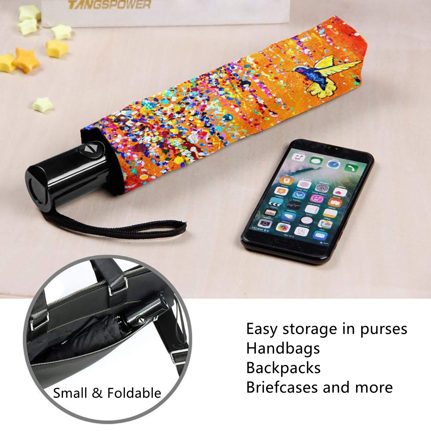 Kompakter Regenschirm mit Kolibri-Ölgemälde innen