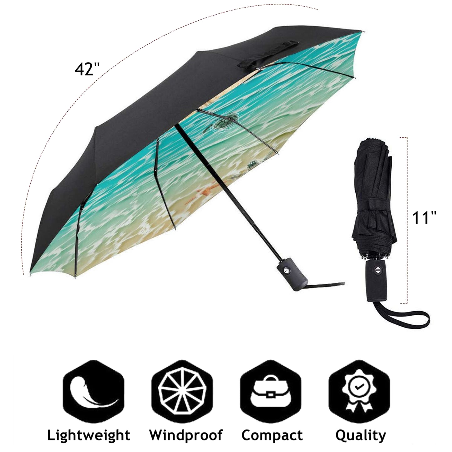 Kompakter Taschenschirm mit kleinem Schildkröten-Design im Inneren