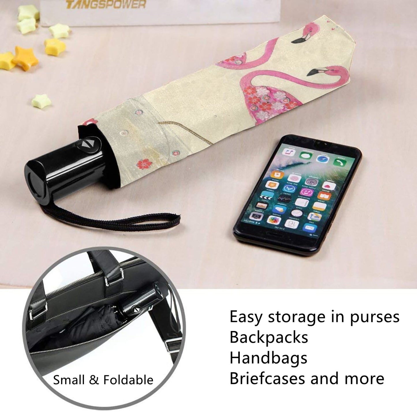 Kleiner Reiseschirm mit Flamingo-Paar im Inneren