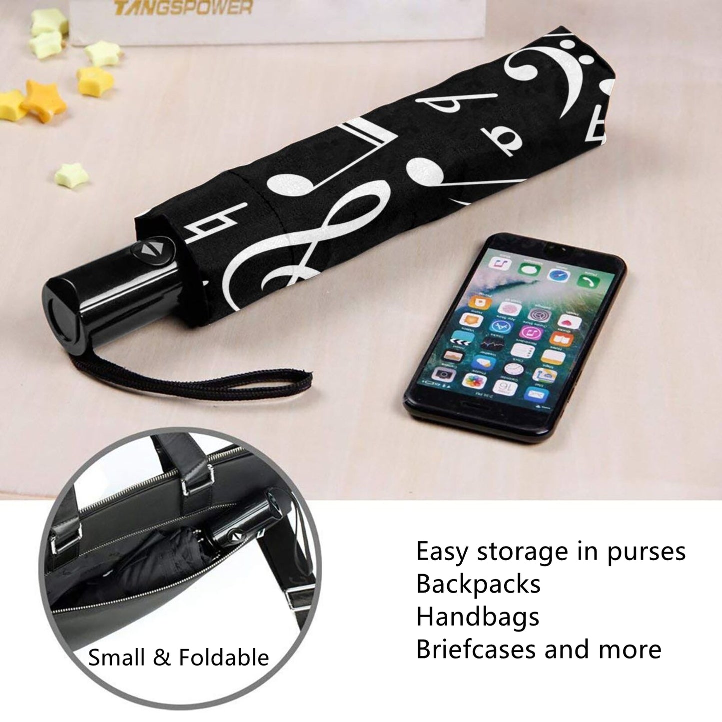 Kompakter Regenschirm mit klassischem Musiknoten-Print auf der Innenseite