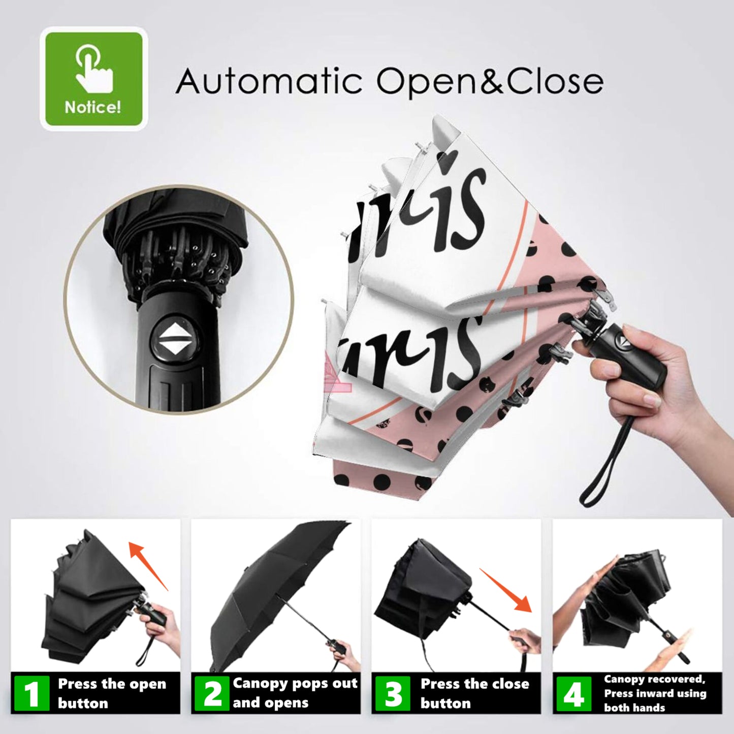 Faltbarer Reiseschirm mit „I Love Paris“-Motiv auf der Innenseite