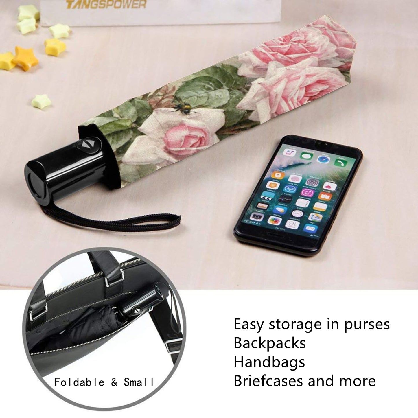 Kleiner faltbarer Regenschirm mit Pfingstrosen-Print innen