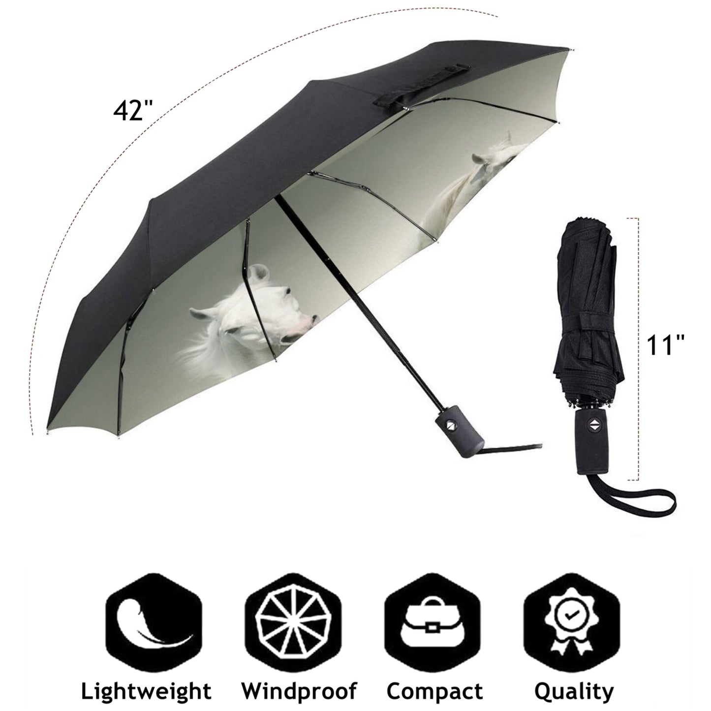 Kleiner faltbarer Regenschirm mit weißem Pferdeaufdruck innen