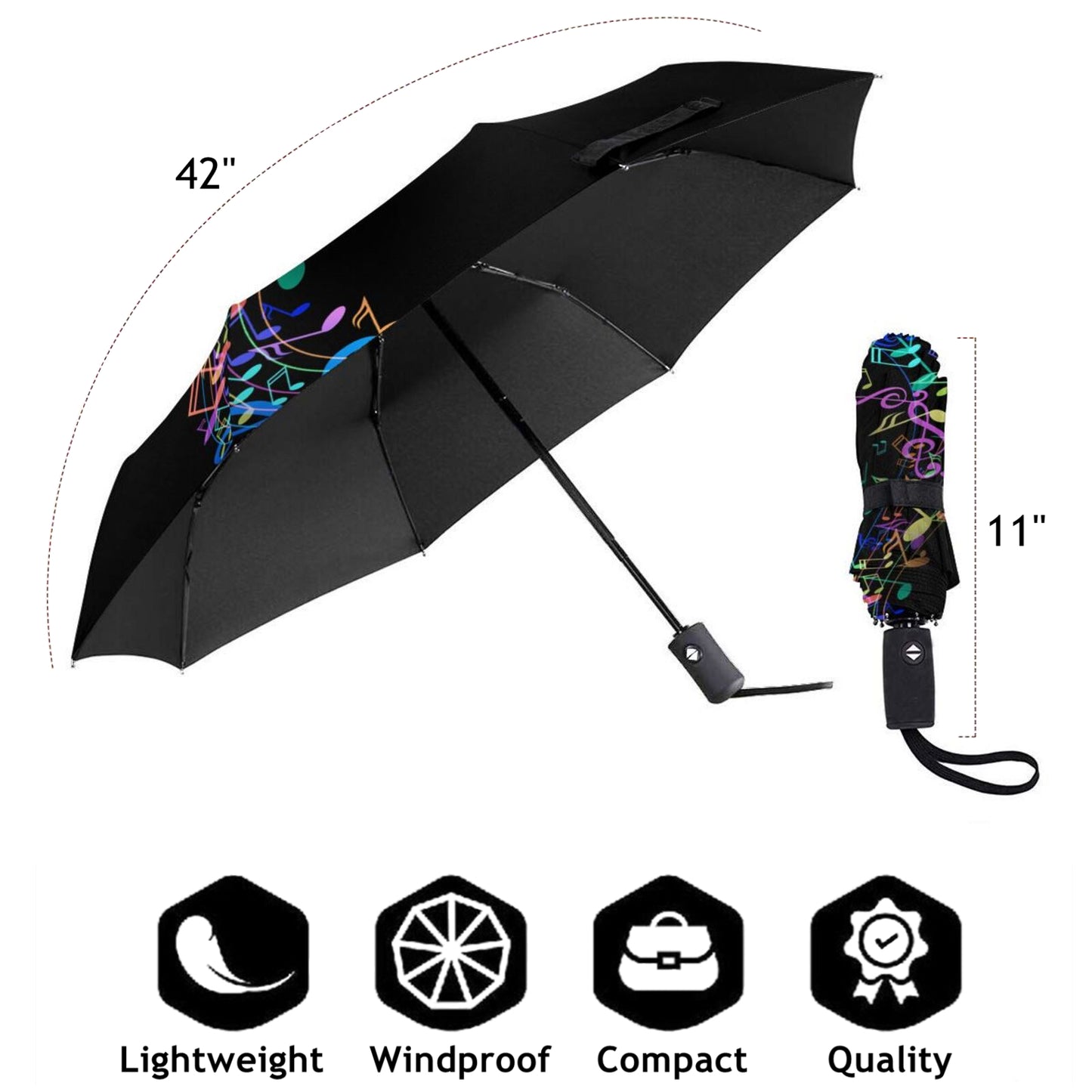 Parapluie compact automatique à motif de notes de musique colorées