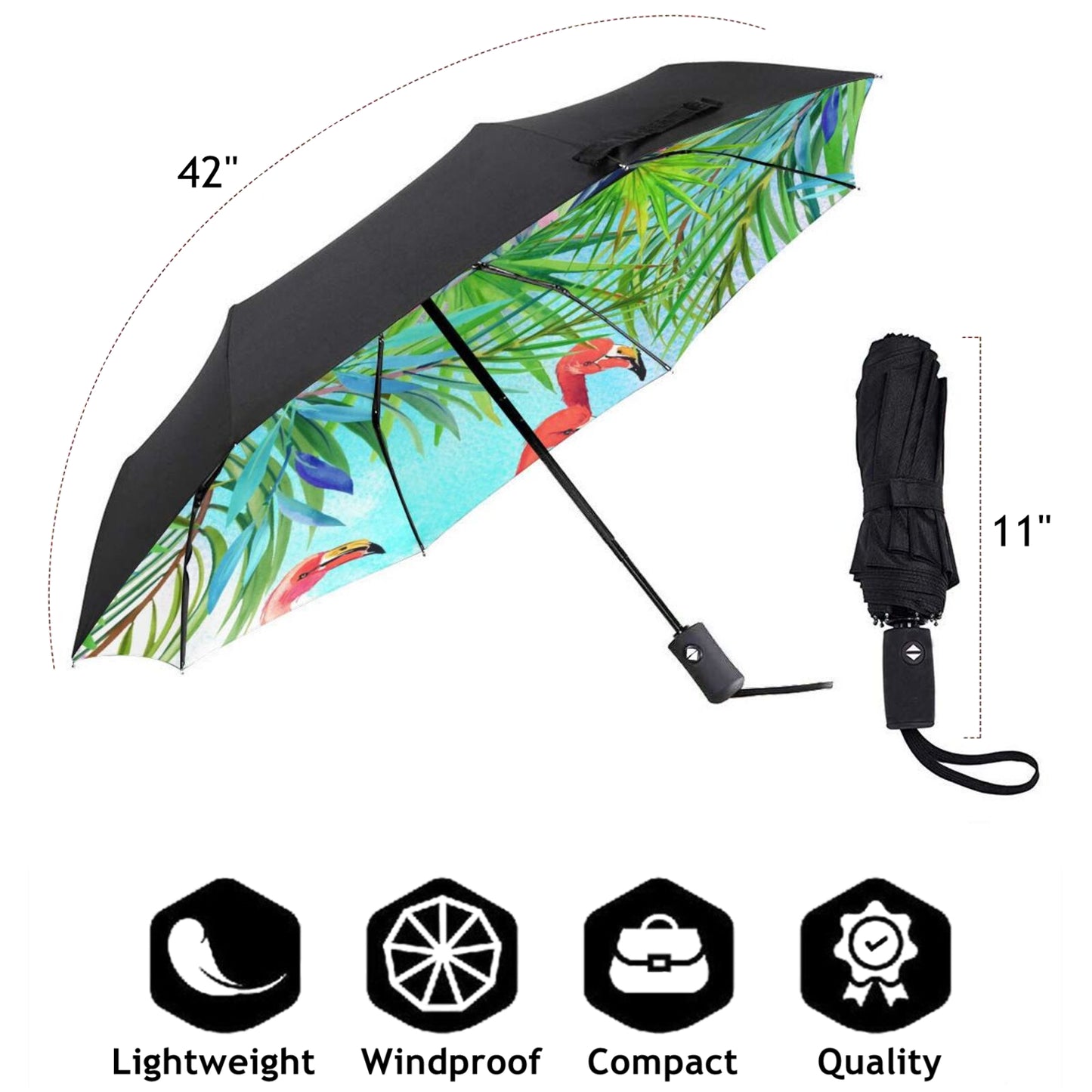 Petit parapluie pliable avec motif flamant rose à l'intérieur