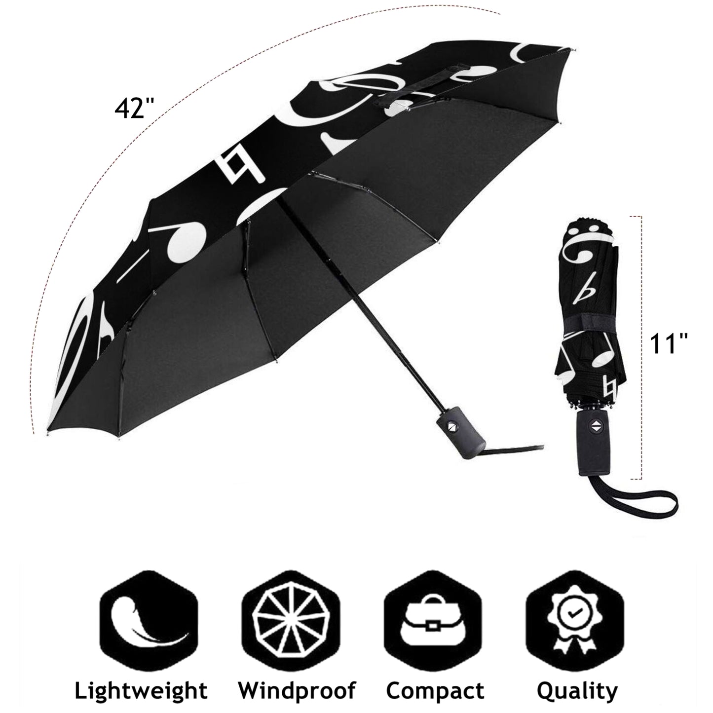 Parapluie pliable blanc à motif de notes de musique