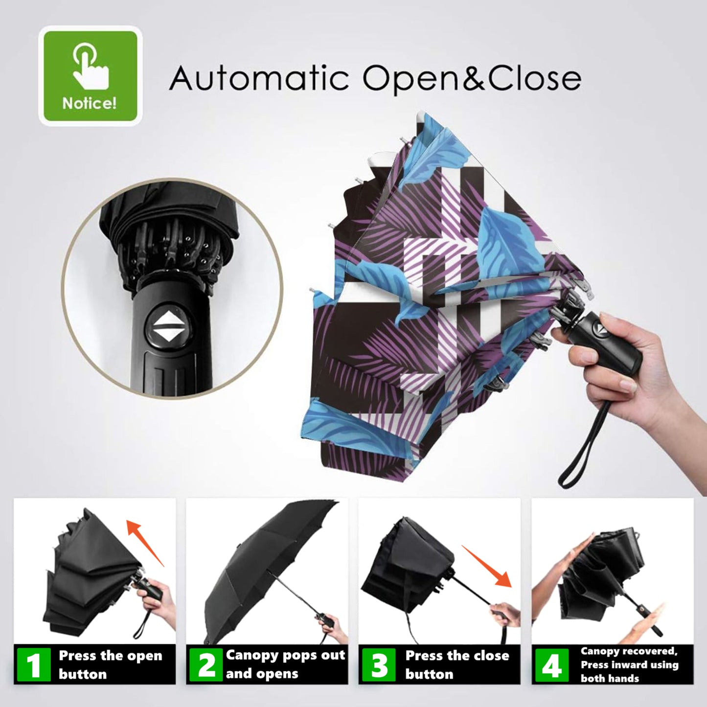 Parapluie automatique pliable à imprimé feuilles