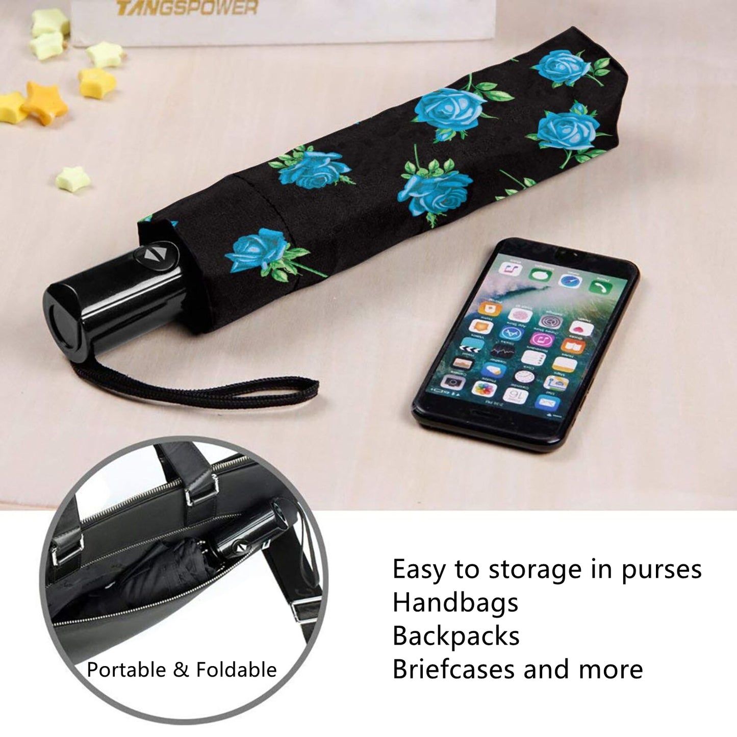 Parapluie compact pliable à fleurs bleues