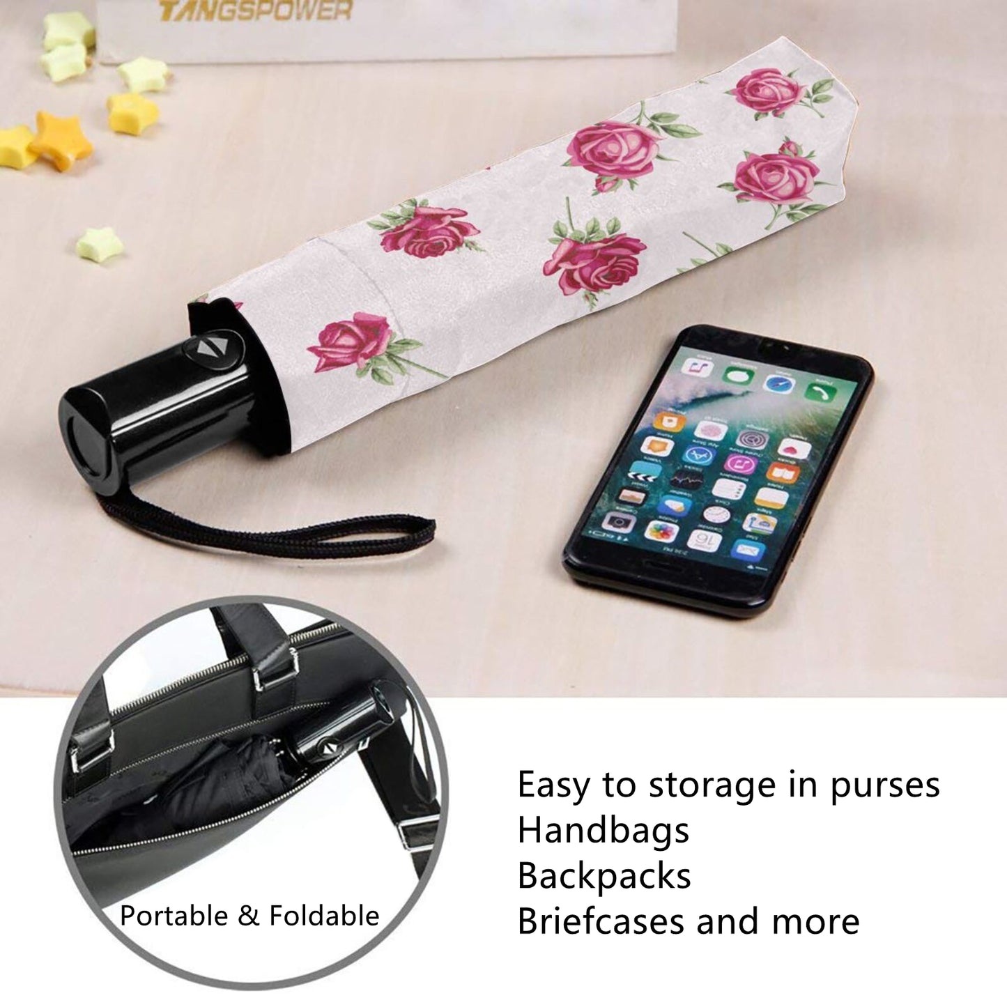 Kleiner Reiseschirm mit klassischer Rose im Inneren