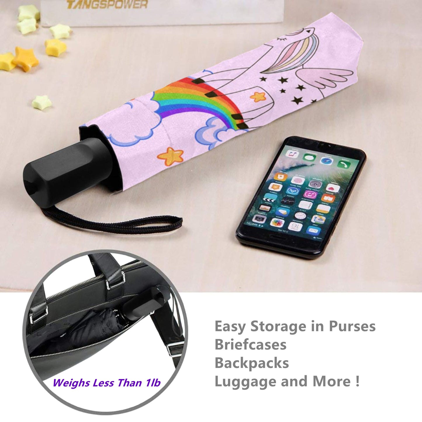 Kompakter Regenschirm mit manueller Öffnung und Regenbogen-Einhorn