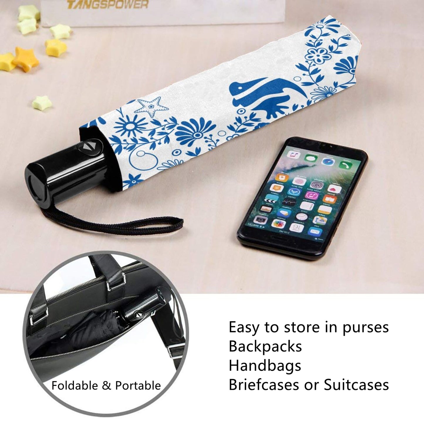 Reiseschirm mit Fisch- und Seetang-Print auf der Innenseite