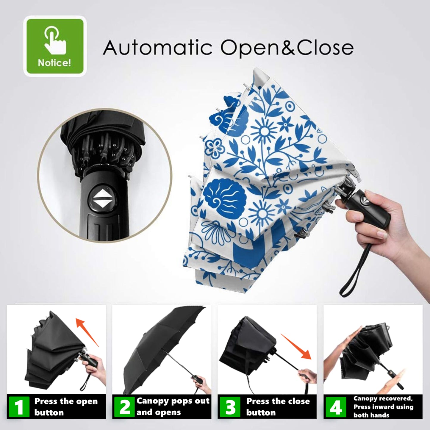 Reiseschirm mit Fisch- und Seetang-Print auf der Innenseite