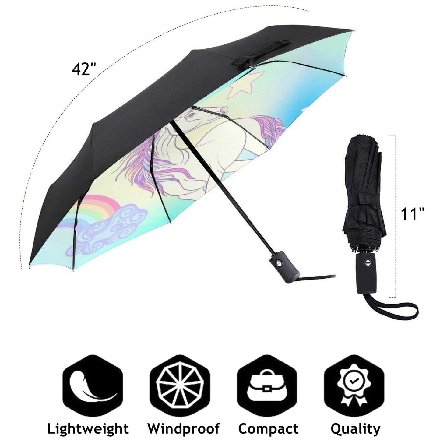 Petit parapluie compact à motif licorne arc-en-ciel