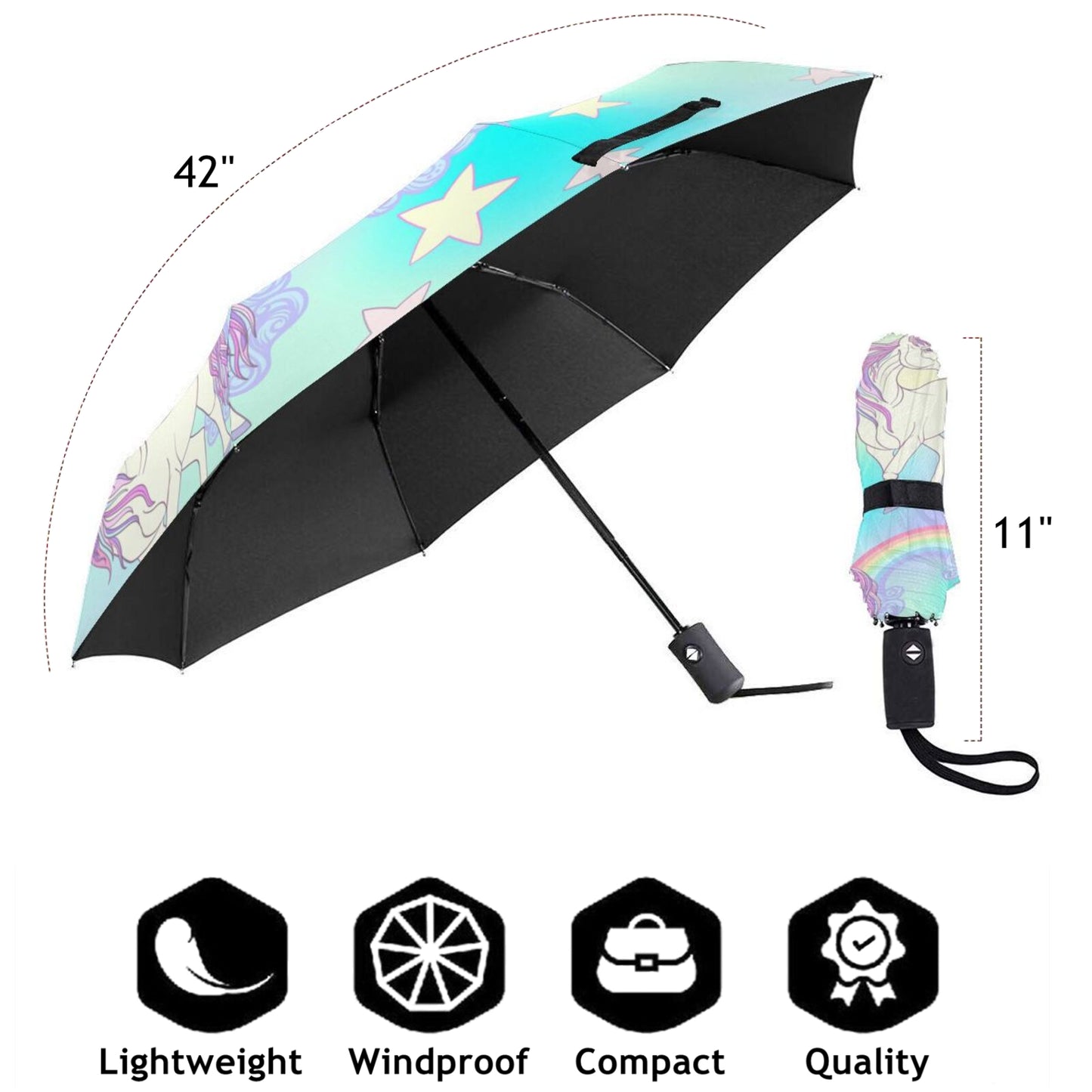 Parapluie de voyage pliable licorne arc-en-ciel