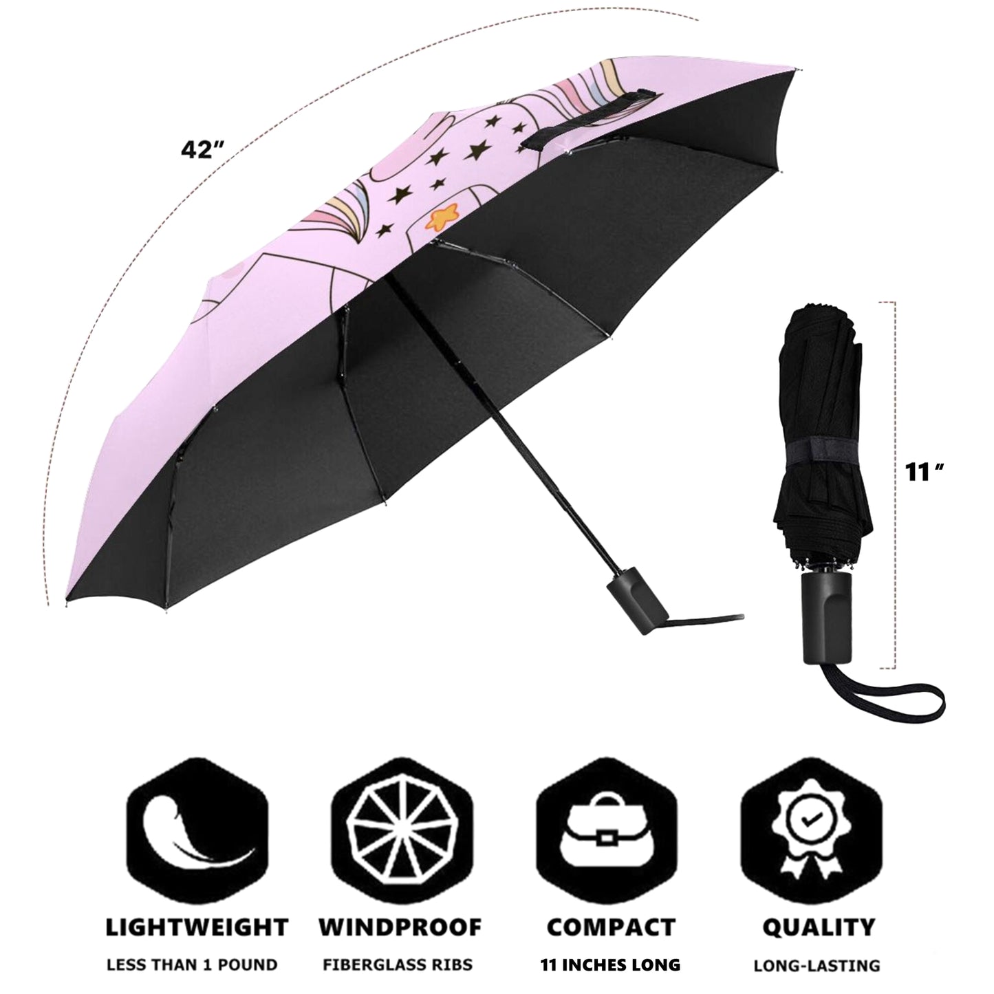 Kompakter Regenschirm mit manueller Öffnung und Regenbogen-Einhorn