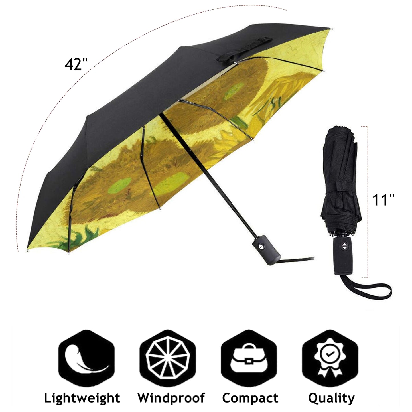 Faltbarer Regenschirm mit Sonnenblumen-Ölgemälde-Aufdruck innen