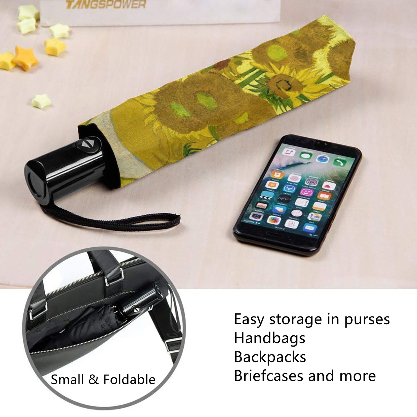 Faltbarer Regenschirm mit Sonnenblumen-Ölgemälde-Aufdruck innen