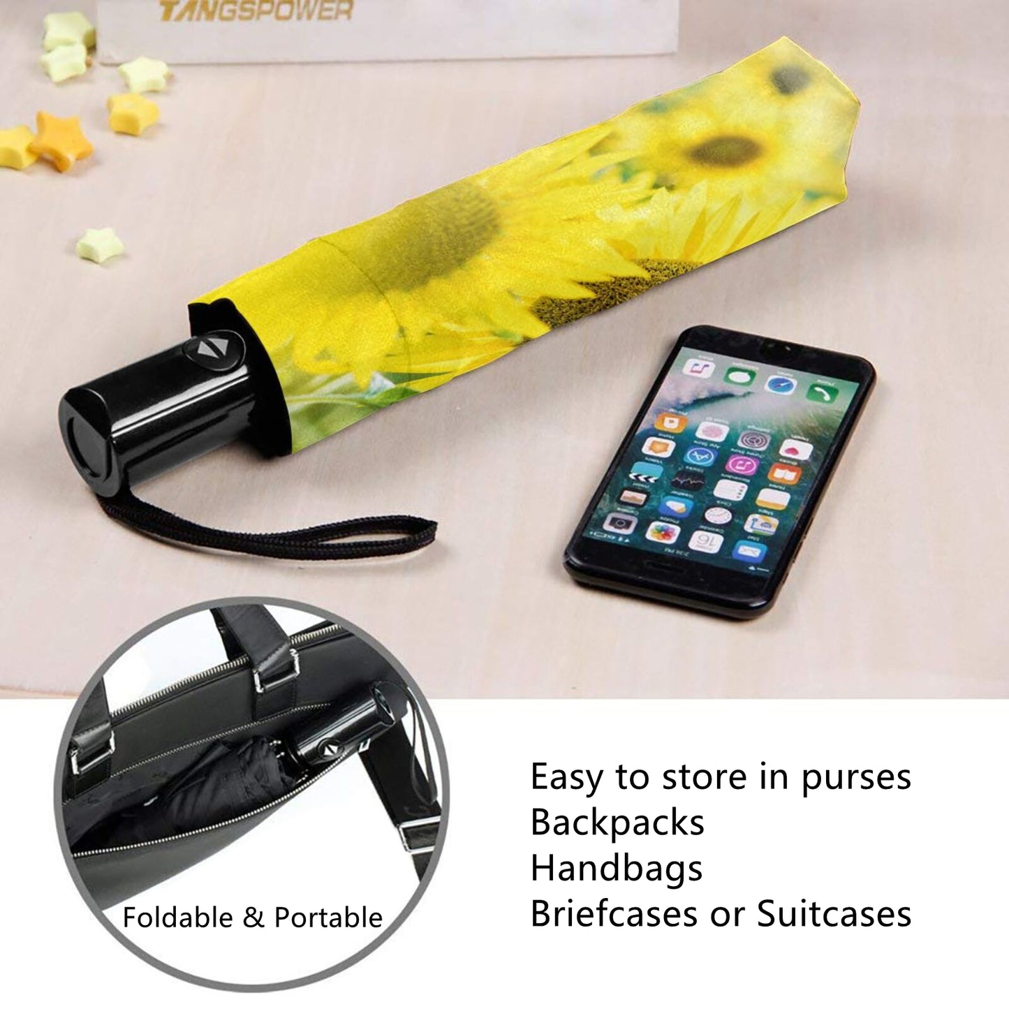 Sunflower Design Inside Small Compact Umbrella Automatic Open Close