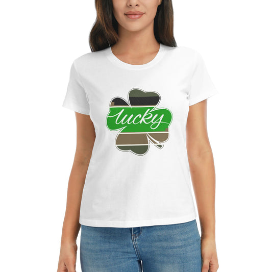 Lucky Four Leaf Clover Short Sleeve Cotton T-Shirt For Women