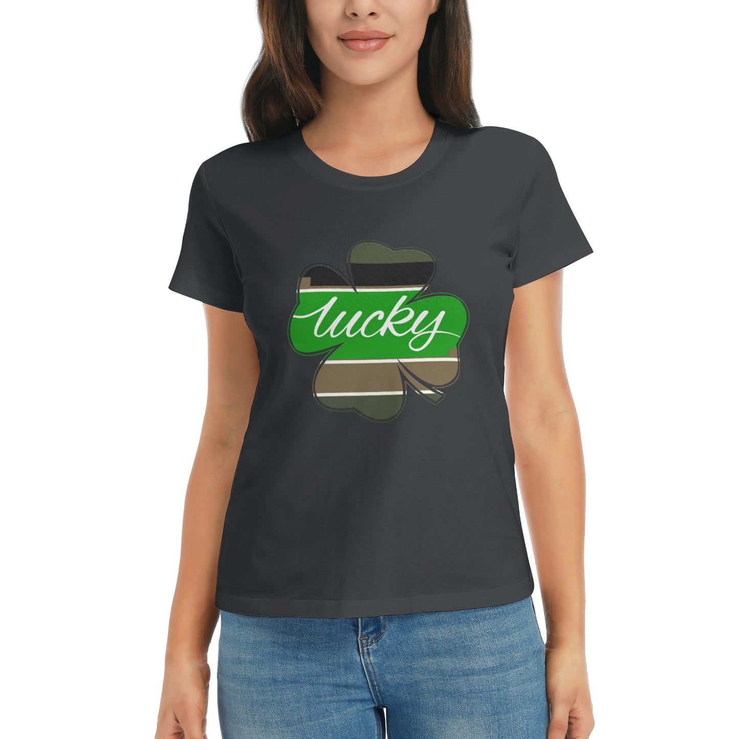 Lucky Four Leaf Clover Short Sleeve Cotton T-Shirt For Women