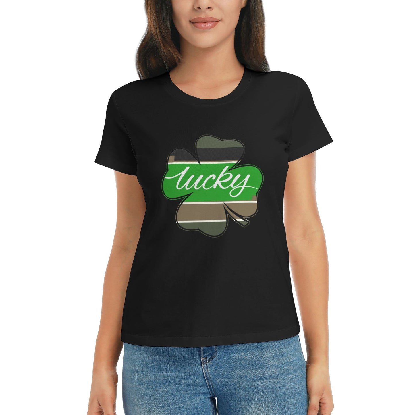 Lucky Four Leaf Clover Short Sleeve Cotton T-Shirt For Women