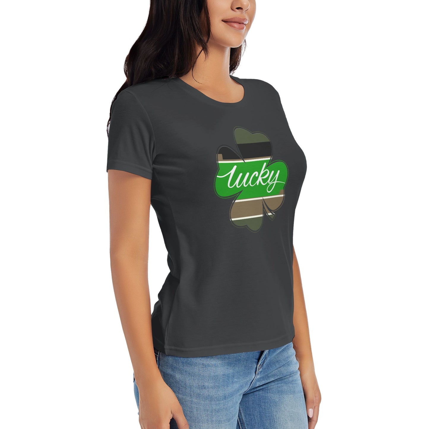 Lucky Four Leaf Clover Short Sleeve Cotton T-Shirt For Women