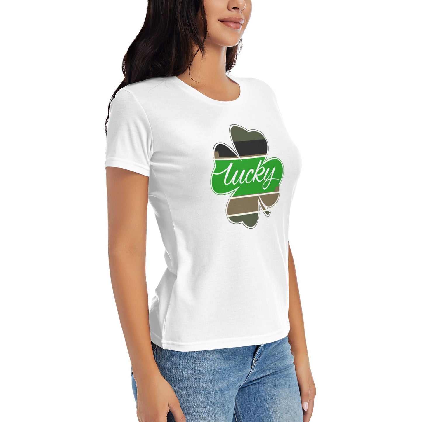 Lucky Four Leaf Clover Short Sleeve Cotton T-Shirt For Women