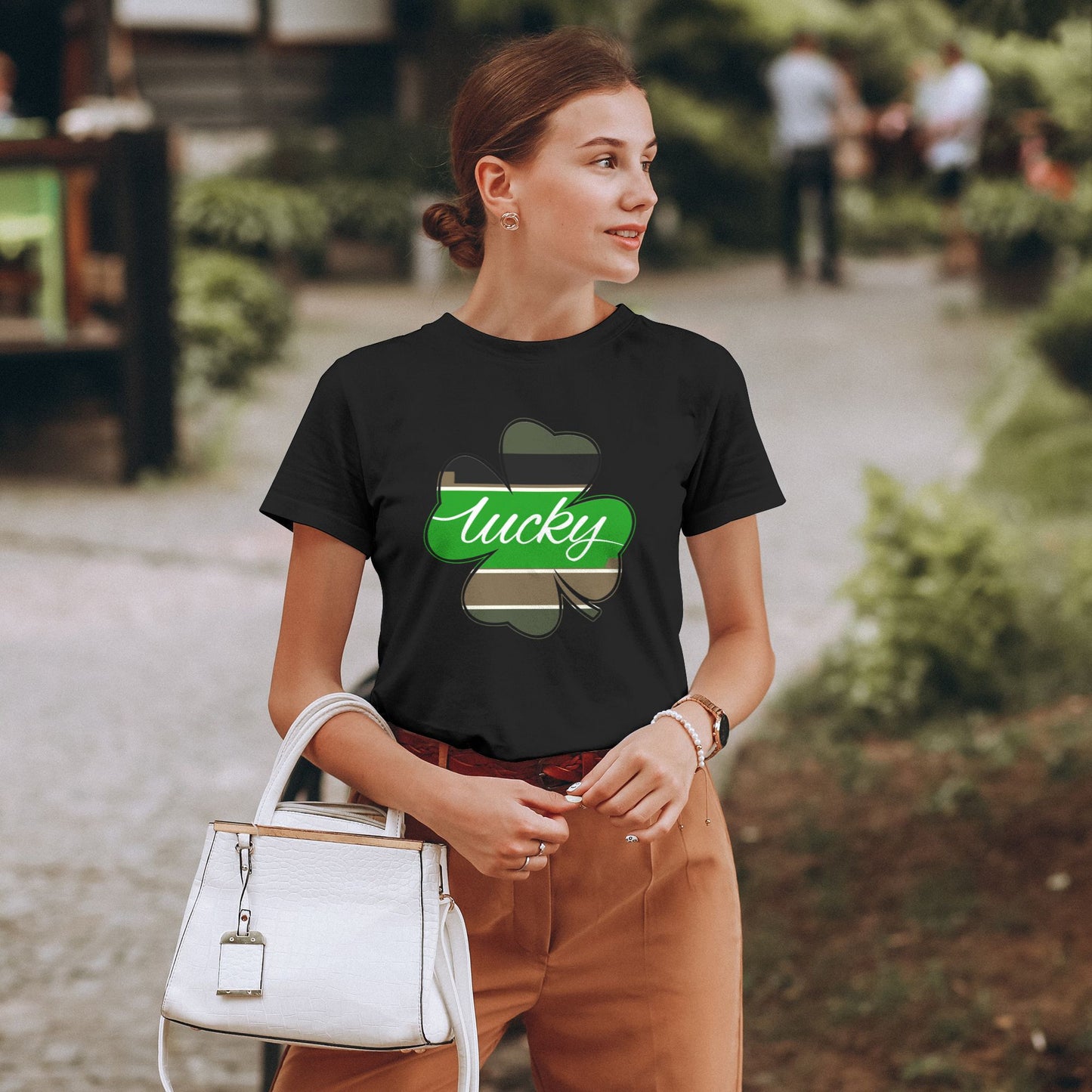 Lucky Four Leaf Clover Short Sleeve Cotton T-Shirt For Women