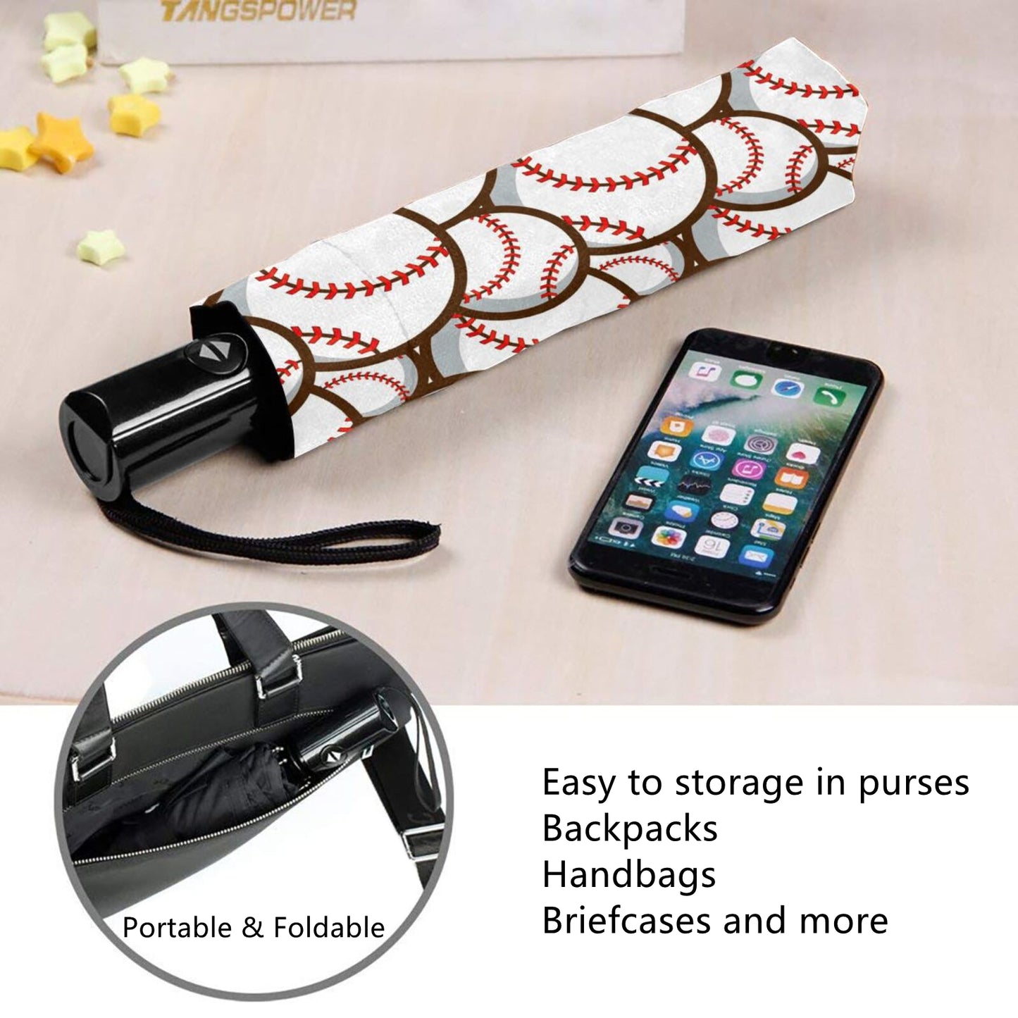 Parapluie pliable compact à imprimé baseball