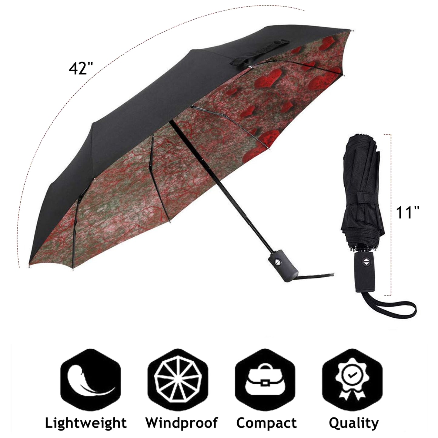 Small Travel Umbrella With Heart Design Print Inside