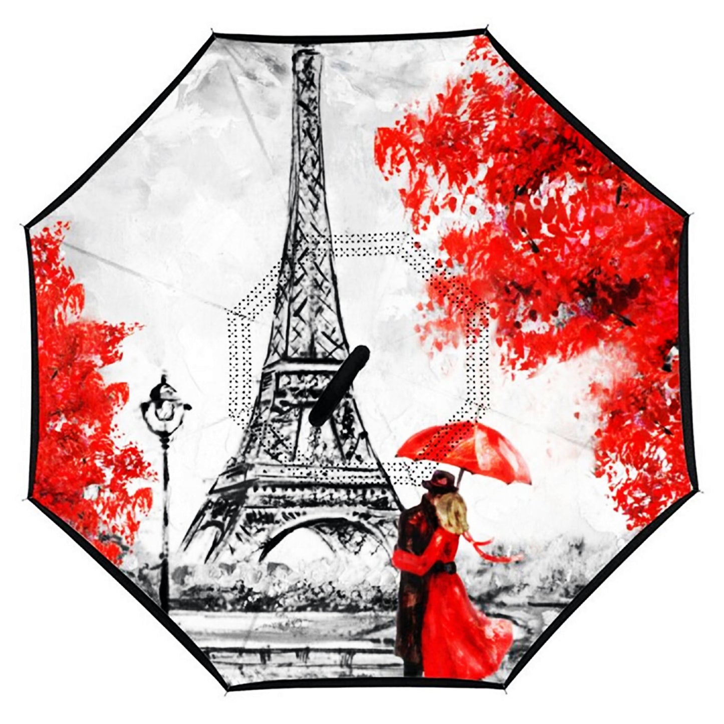 Umgekehrter Regenschirm mit Eiffelturm-Aufdruck