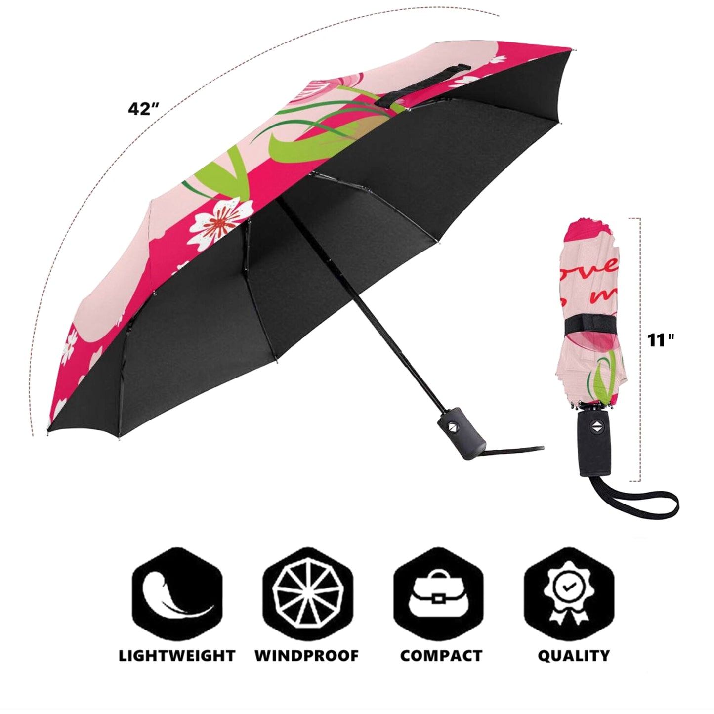 Parapluie pliable avec protection UV et imprimé « Love You So Much »