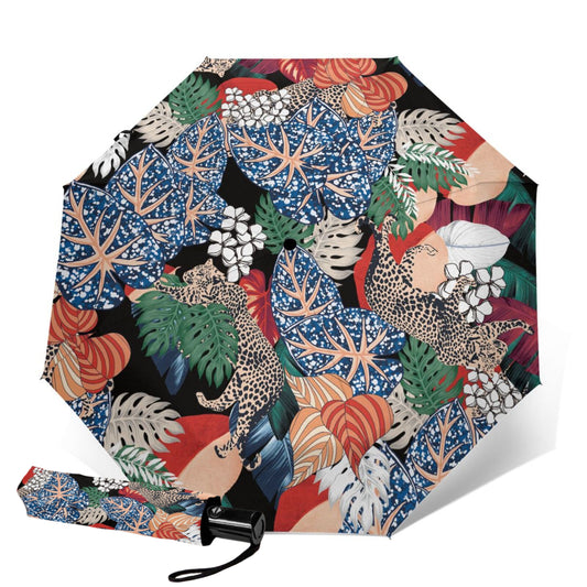 UV-faltbarer Regenschirm mit Blätter- und Leoparden-Design